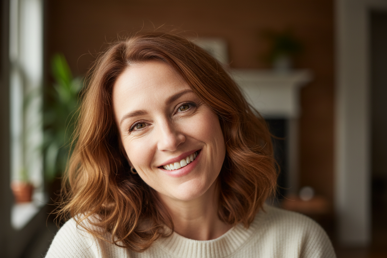 dame una imagen de la cara de una mujer de 45 años  feliz