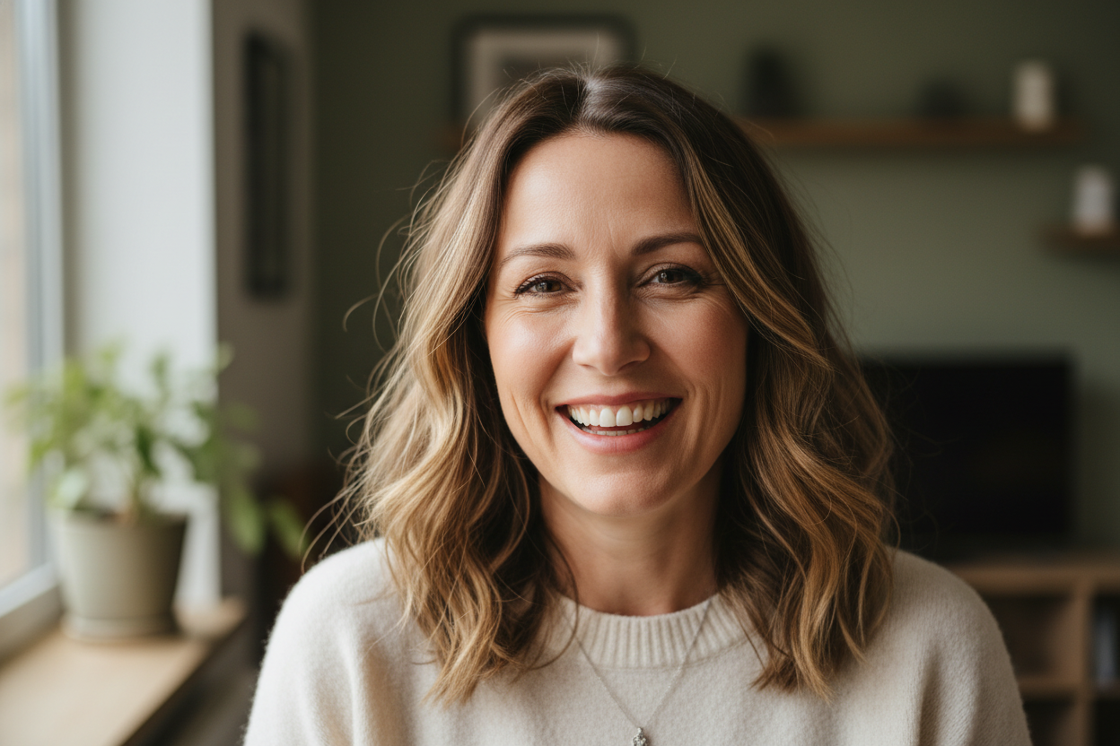 necesito la imagen de la cara de una mujer 40 años contenta